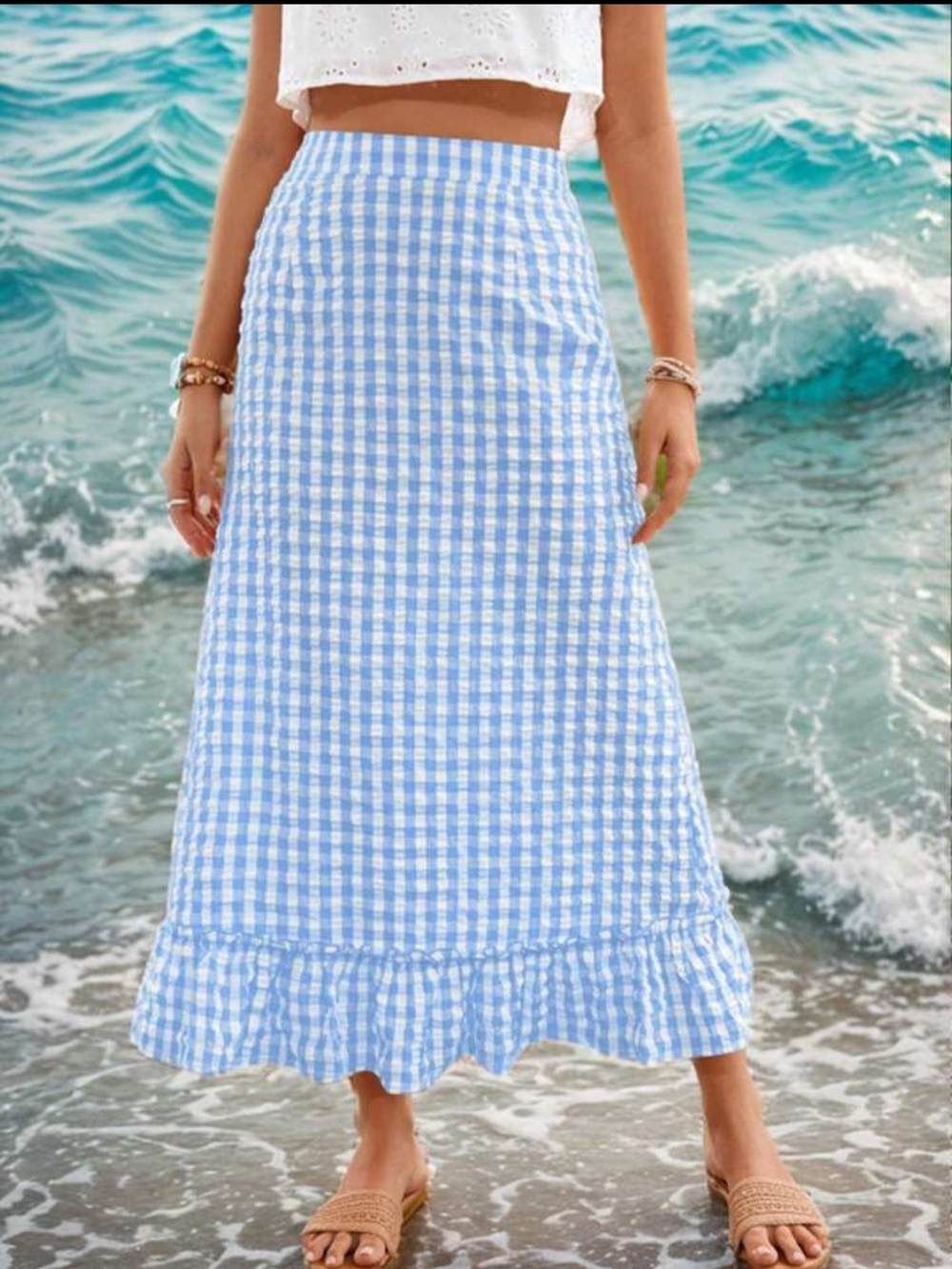 SHEIN Blue and White Gingham Maxi Skirt with Ruffle Hem